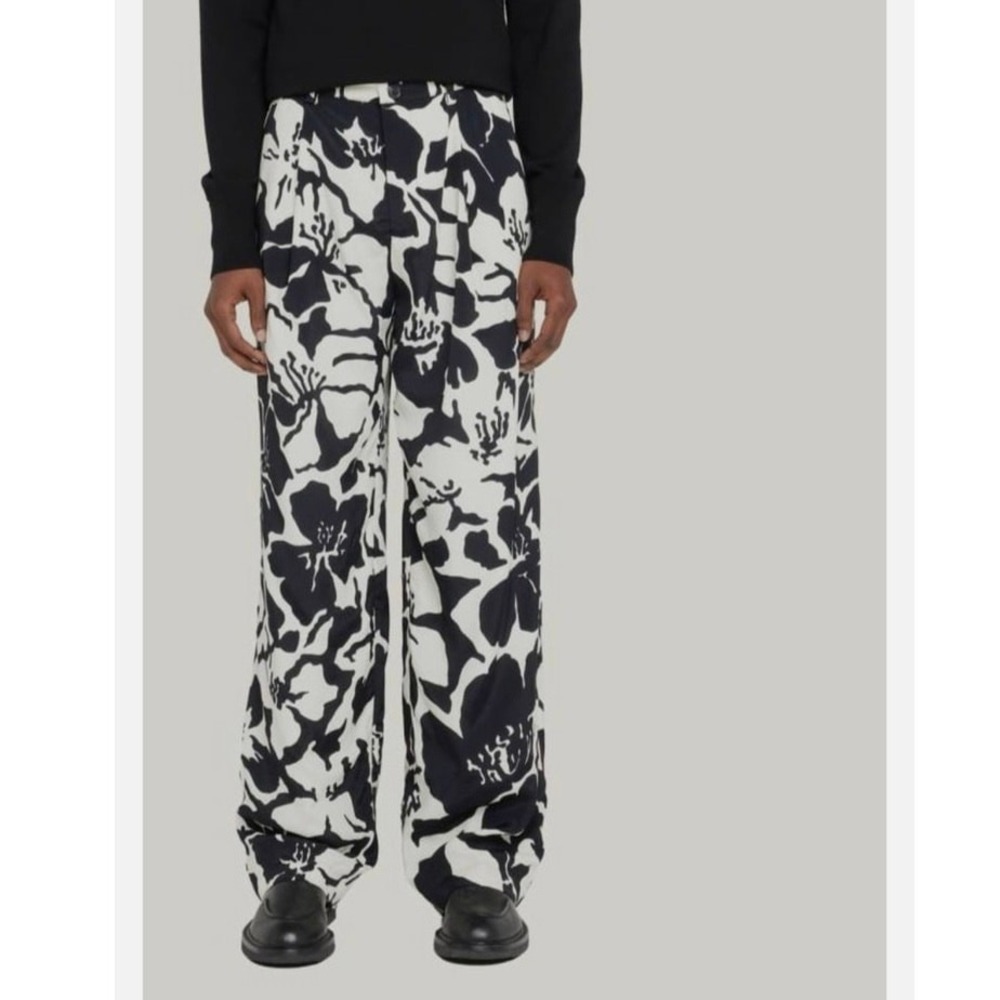 Dries Van‎ Noten Men's White Black Parton Floral-Print Viscose Pants Size EU 40